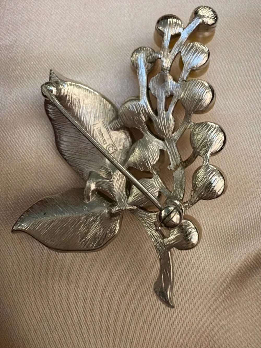 Signed Crown Trifari Silver Faux Pearl Grape Cluster Brooch Pin